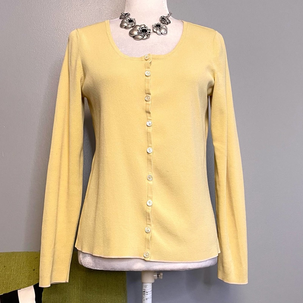 Anne Klein Yellow Silk Knit Scoop Neck Cardigan Sweater